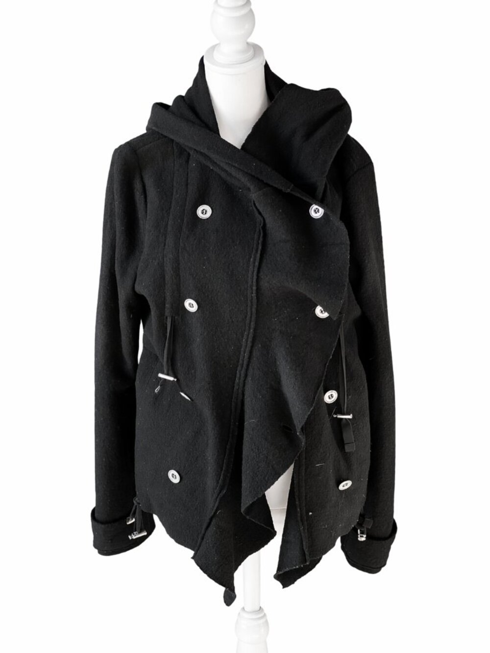 Free People Double Breasted Wool Jacket Asymmetrical Hooded Coat Black Boho Rare
